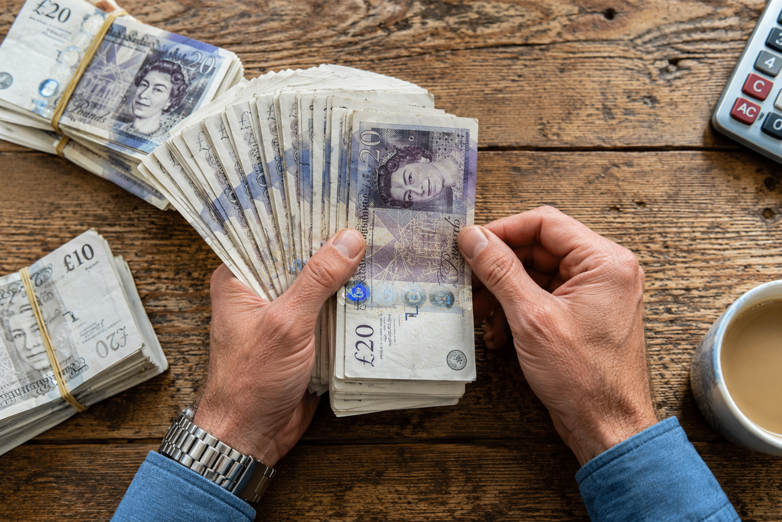 Person counting British pound notes