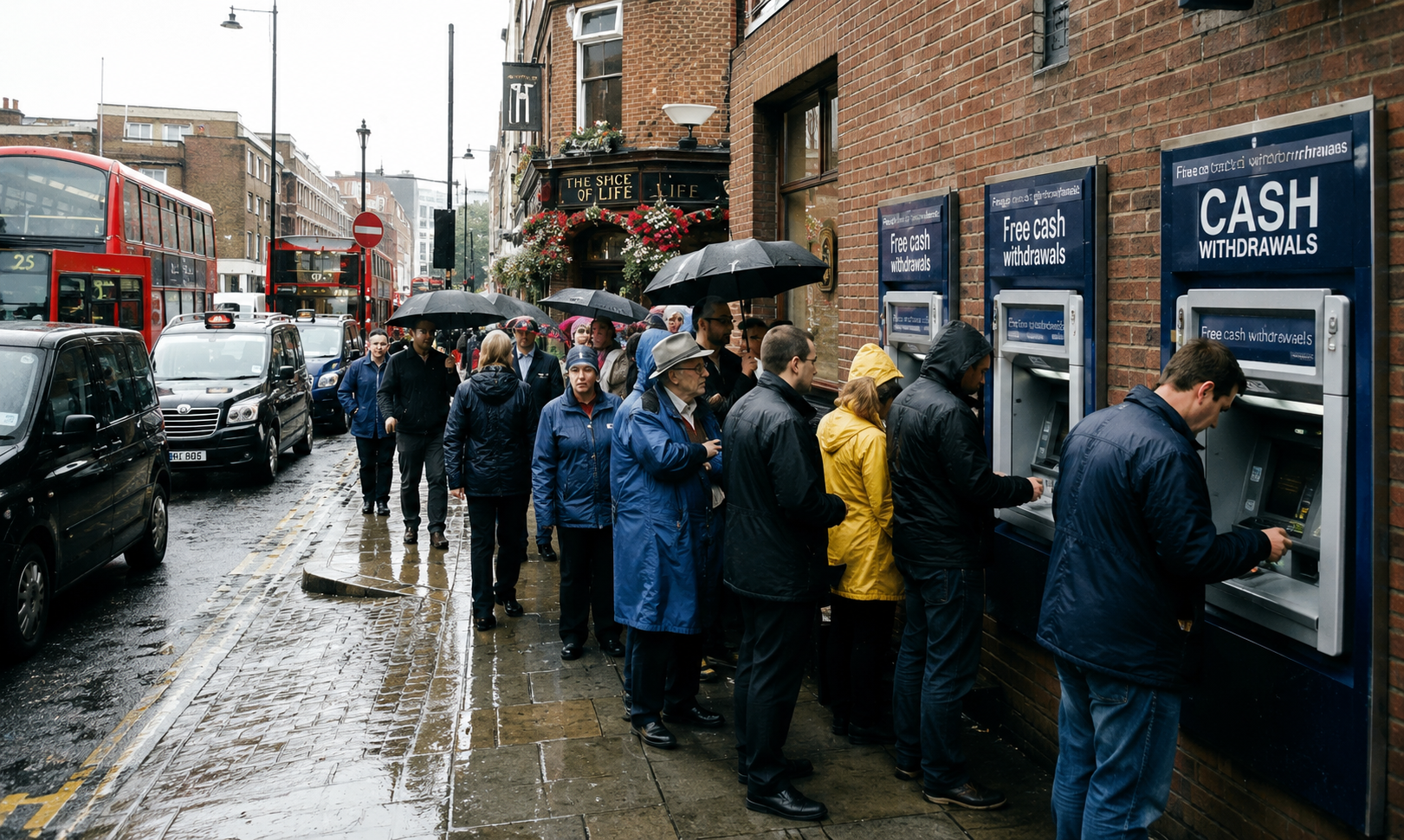 People queueing at cash machines in Britain